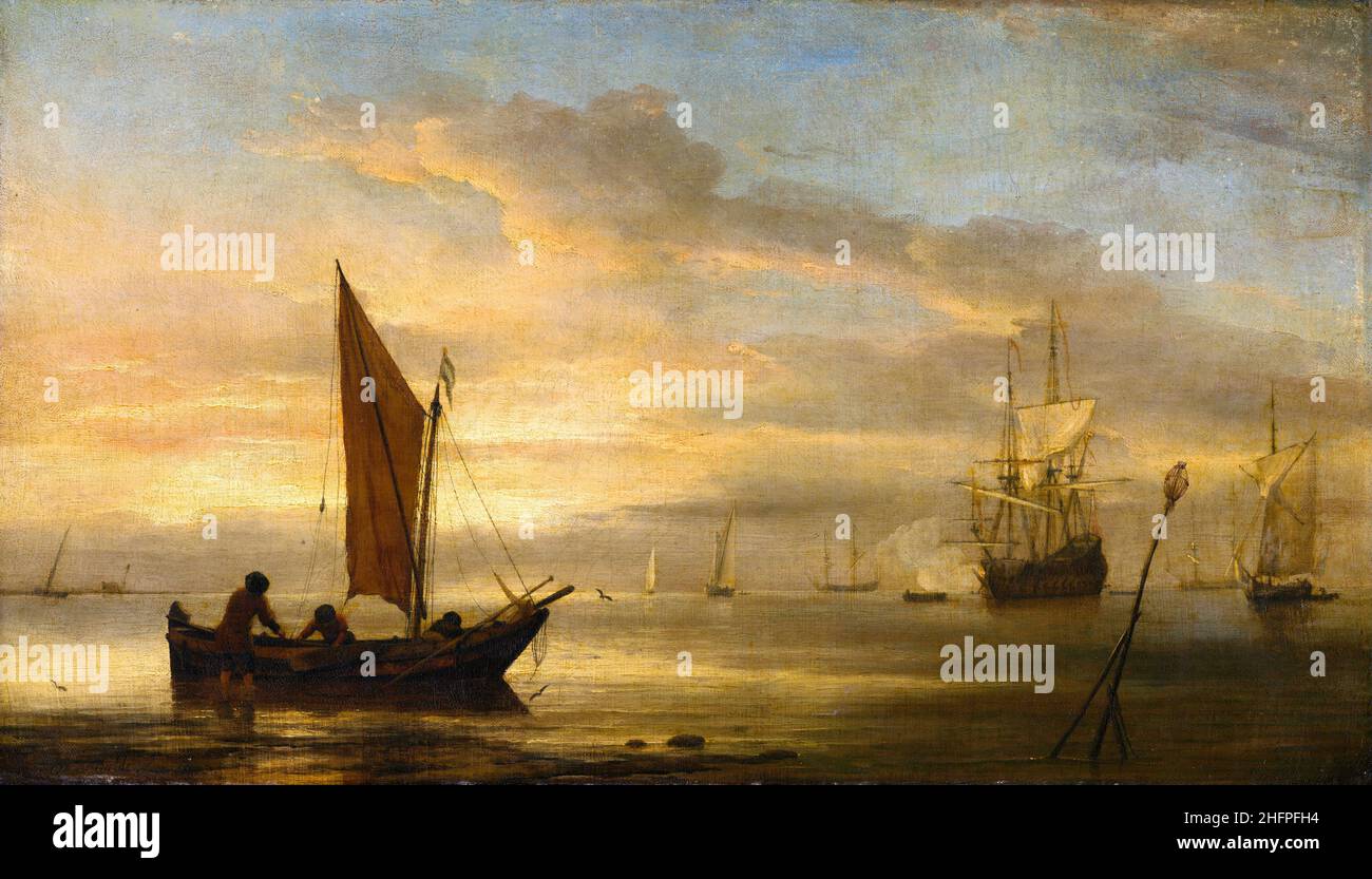 Coucher de soleil à la mer par l'artiste néerlandais Willem van de Velde le plus jeune (1633-1707), huile sur toile, c.1680 Banque D'Images