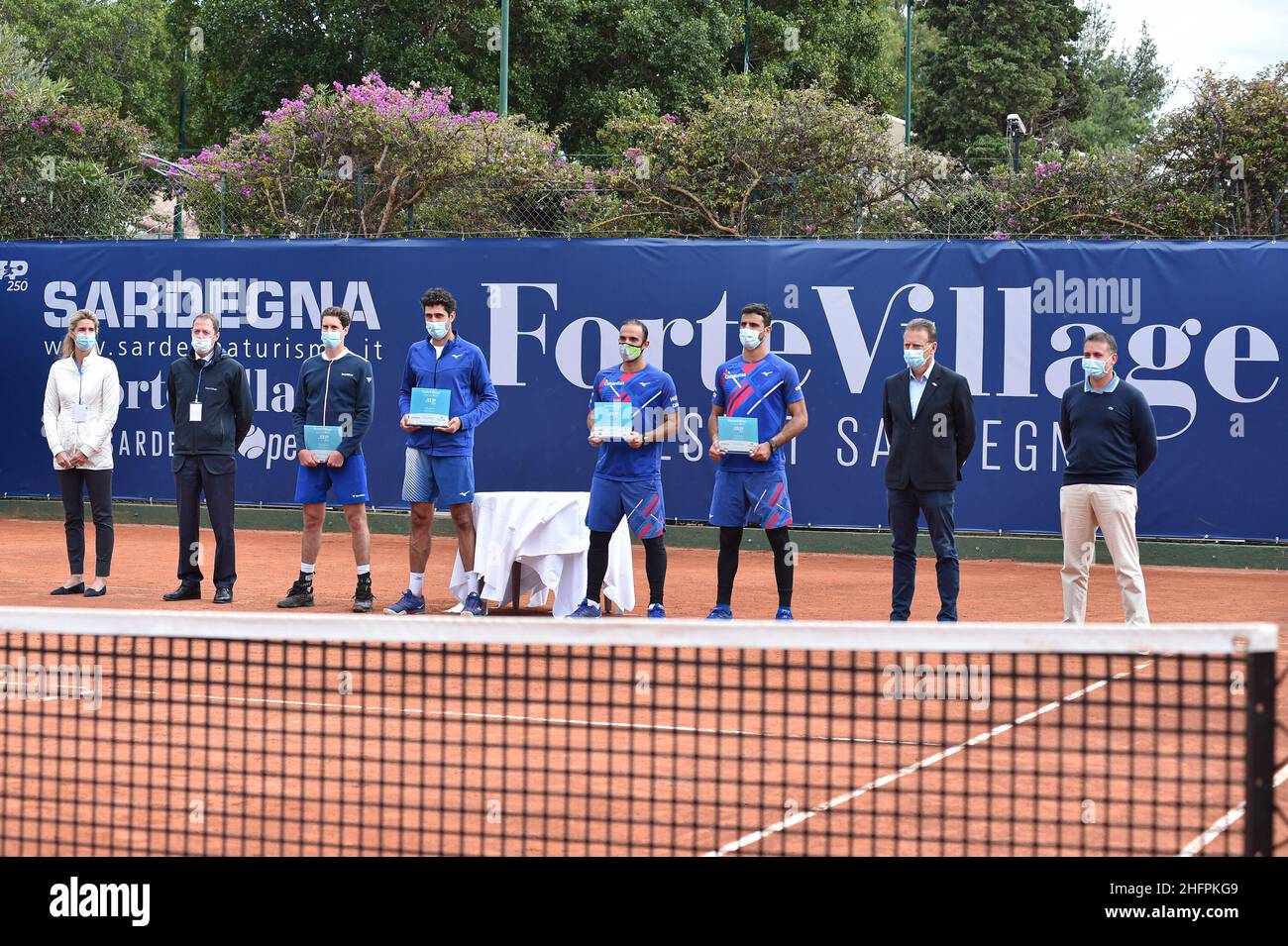 Alessandro Tocco/Lapresse 17 octobre 2020 Santa Margherita di Pula, Cagliari (Italie) tennis de sport, forte Village Sardegna Open dans le pic:Giulia Soresina Consigliere FIT, Paolo Mancuso Directeur de projets et amp; Business Development forte Village,Marcus Daniell-Philipp Oswald,Sebastian Cabuan al- Robert Farella Arbitrel, Saviano Farro, superviseur de l'ATS, Lara, Lars Farella Farra Banque D'Images