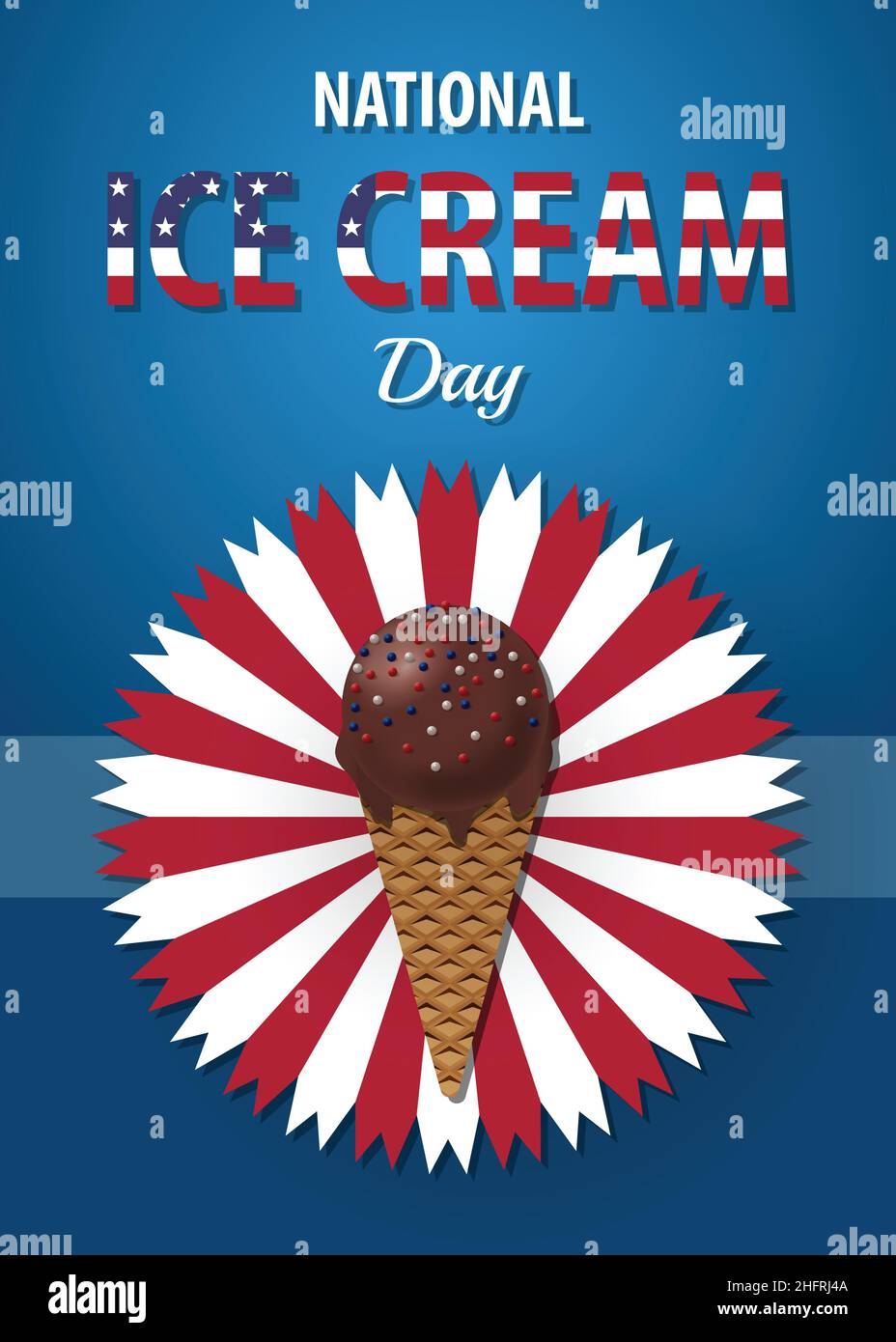 USA National Ice Cream Day affiche patriotique avec lettrage et cône de glace.Fête américaine, troisième dimanche de juillet.Bannière de modèle vectoriel, prospectus Illustration de Vecteur