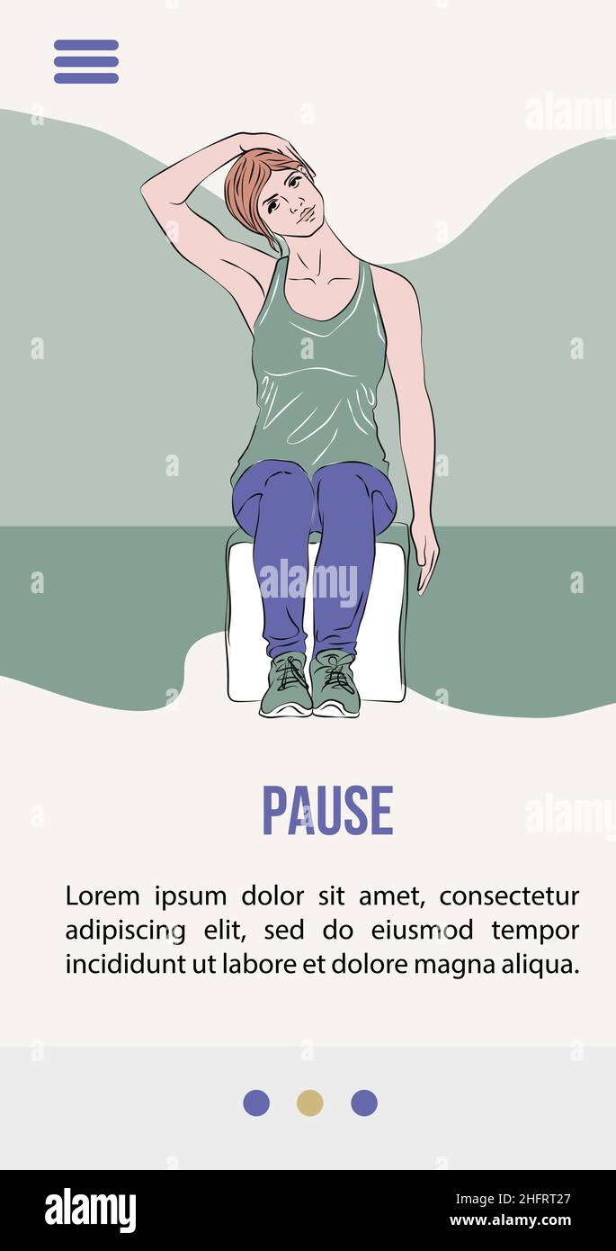 Illustration vectorielle avec une jeune femme qui fait des exercices d'étirement tout en étant assise sur le lieu de travail, un mode de vie sain. Formation d'équilibre.Conception d'applications, de sites Web Illustration de Vecteur