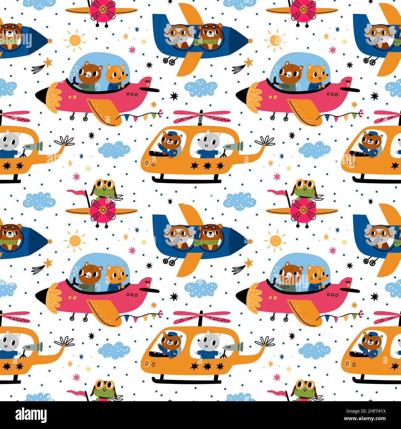 Animaux pilote le modèle sans couture.Joli imprimé avec des personnages aviateurs heureux.Mammifères avion volant.Avions et hélicoptères colorés avec Illustration de Vecteur