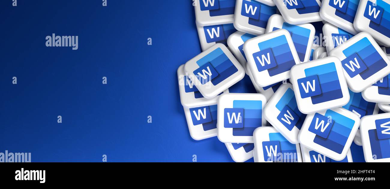 Logos du composant Microsoft Office Word sur un tas.Copier l'espace.Format de bannière Web. Banque D'Images