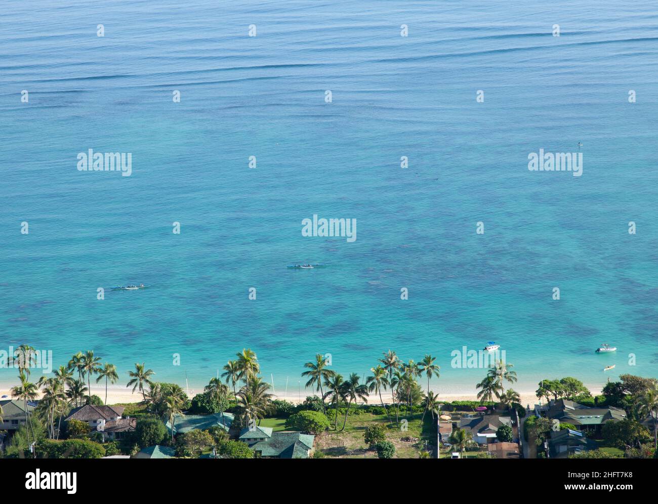 Littoral de Lanikai avec palmiers, bateaux et maisons, O'ahu, HI Banque D'Images