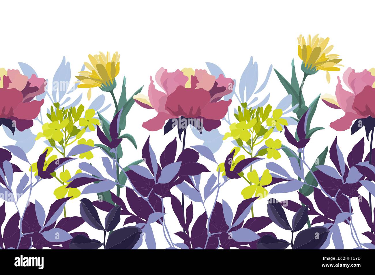 Motif fleuri vectoriel sans couture, bordure.Design horizontal panoramique avec fleurs jaunes et roses. Illustration de Vecteur