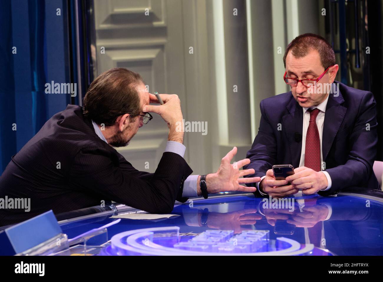 Mauro Scrobogna /Lapresse 28 janvier 2021 Rome, Italie politique RAI - "Porta a Porta" diffusé sur la photo: Ettore Rosato, Riccardo Nencini Banque D'Images