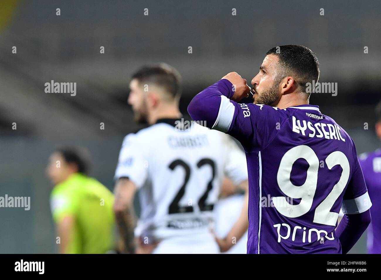 Lapresse - Jennifer Lorenzini 19 février 2021 Firenze (Italie) Sport Soccer Fiorentina - Spezia Italian football Championship League A TIM 2020/ 2021 - 'Artemio Franchi' Stadium in the pic: Valentin Eysseric célèbre après avoir atteint le but 3-0 Banque D'Images