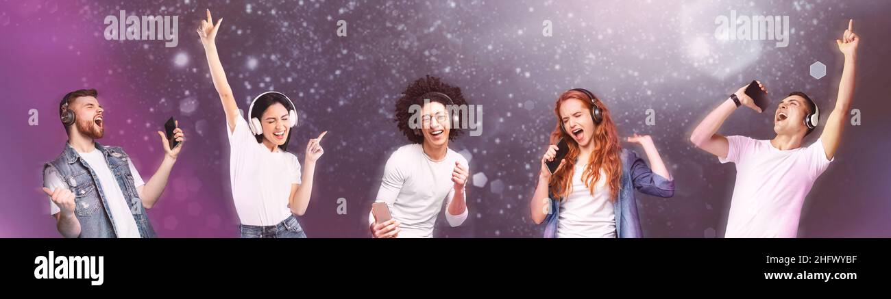 Divers jeunes dans des écouteurs se déchaine de la musique préférée, utilisant des smartphones sur fond cosmique, panorama Banque D'Images