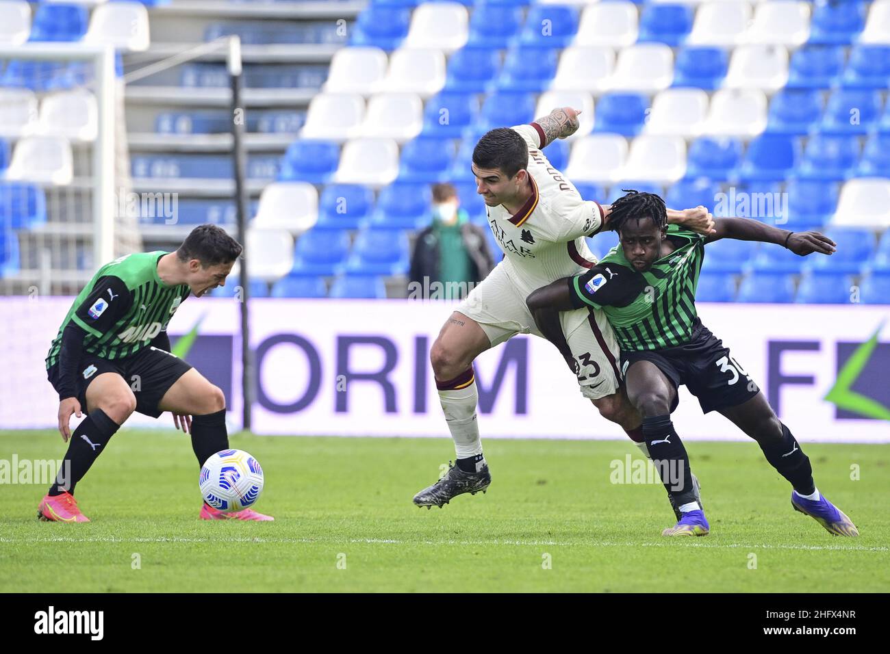 Fabio Rossi/AS Roma/Lapresse 03/04/2021 Reggio Emilia (Italie) Sport Soccer Sassuolo-Roma Championnat italien de football League Serie A Tim 2020/2021 - Mapei Stadium in the pic: Mancini, Oddei Banque D'Images