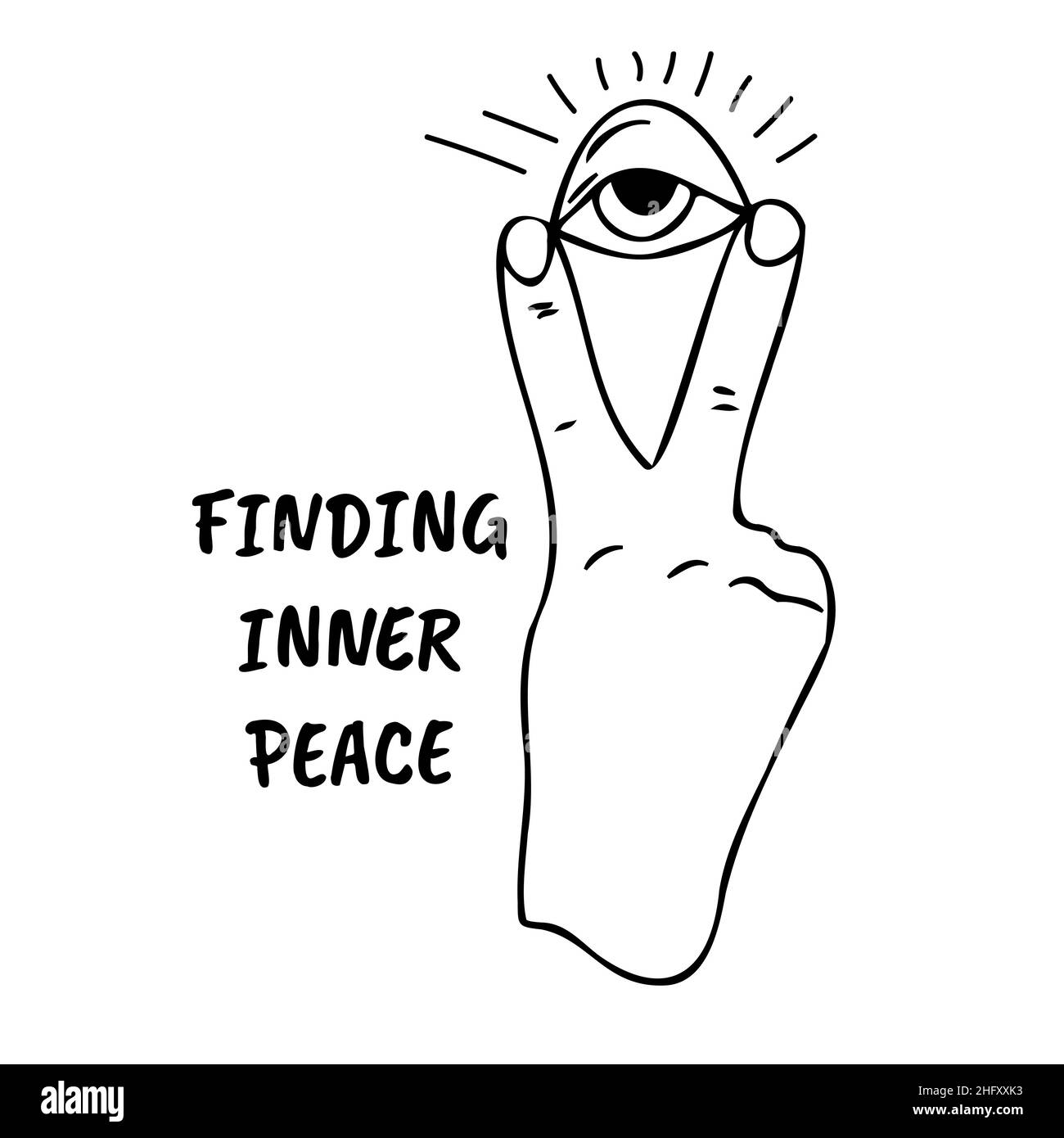 Deux doigts vers le haut avec tous les yeux magiques victoire et symbole de geste de paix.Dessin à la main motivation script trouver la paix intérieure imprimer carte illustration vectorielle Illustration de Vecteur