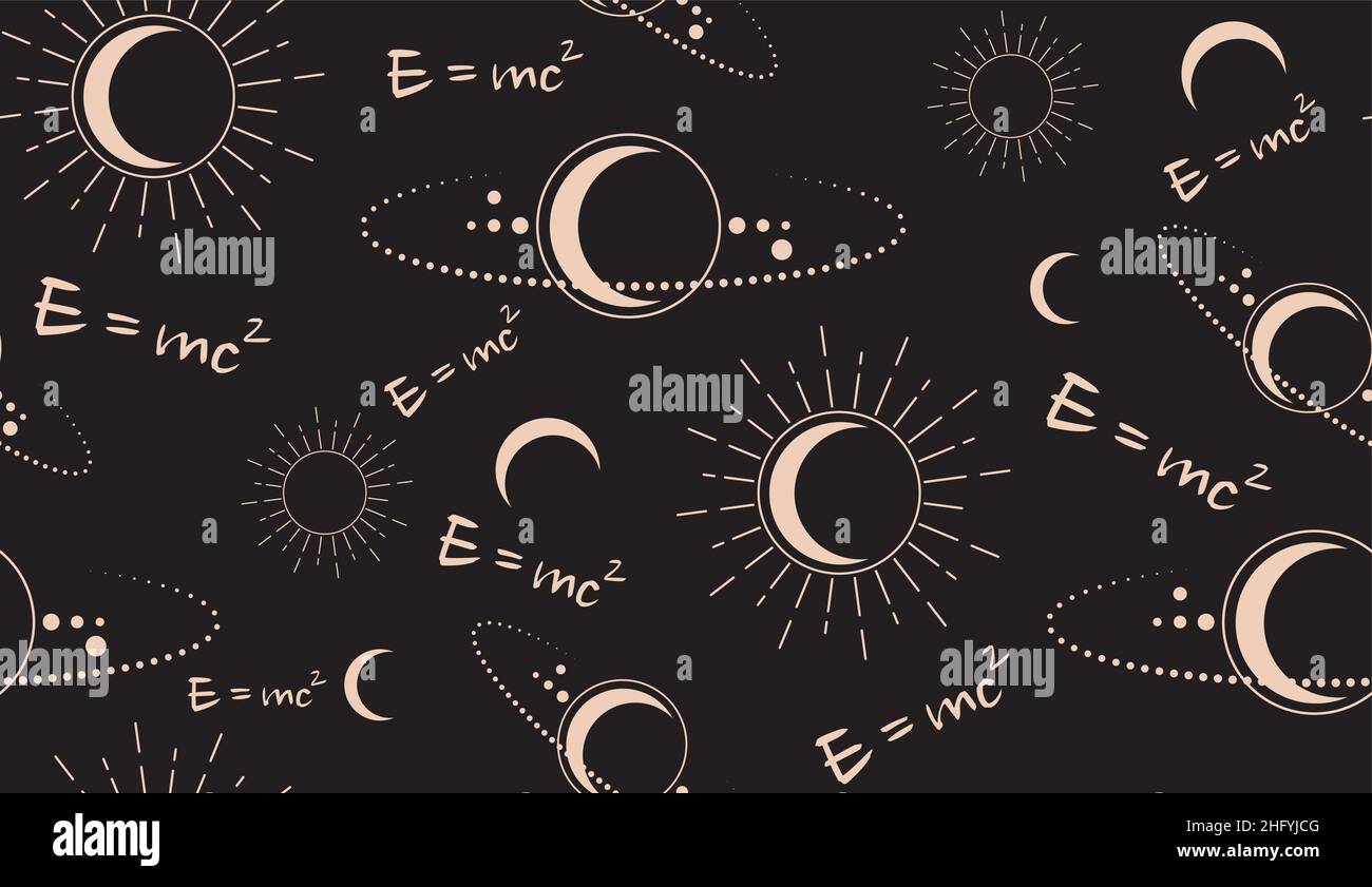 Vecteur d'espace modèle sans couture avec vitesse physique de la lumière formule E=MC2.Lune, soleil, étoiles, orbites, plans.Symbole magique païen Wicca.Alchemy vectoriel Illustration de Vecteur