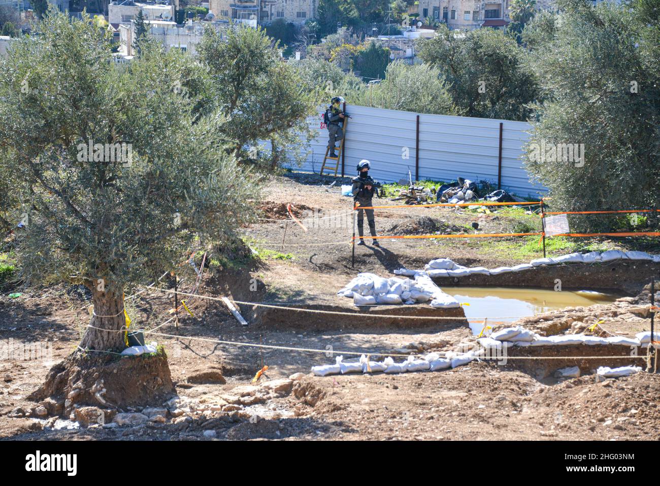 La police israélienne a détruit la pépinière familiale du Sahlhiya et a expulsé le contenu de leur maison à Sheikh Jarrah.Le terrain qui a été exproprié par la municipalité de Jérusalem est désigné, selon la municipalité, pour être utilisé pour la construction d'installations éducatives pour le quartier.La famille était montée sur le toit avec des bouteilles de carburant et de gaz - menaçant de se brûler au cas où les résidents seraient expulsés de force.17th janvier 2022.(Matan Golan/Alay Live News) Banque D'Images