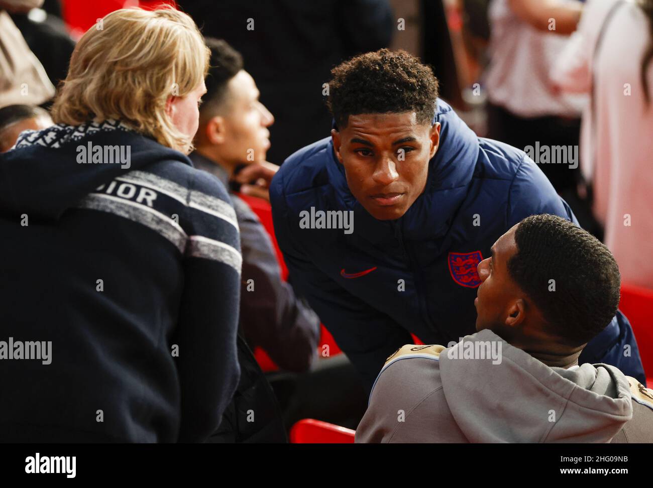 Marcus Rashford, en Angleterre, réagit à la suite de sa défaite en Italie lors de la finale du championnat de football Euro 2020 au stade Wembley à Londres, le dimanche 11 juillet 2021.(John Sibley/photo de la piscine via la PB) Banque D'Images
