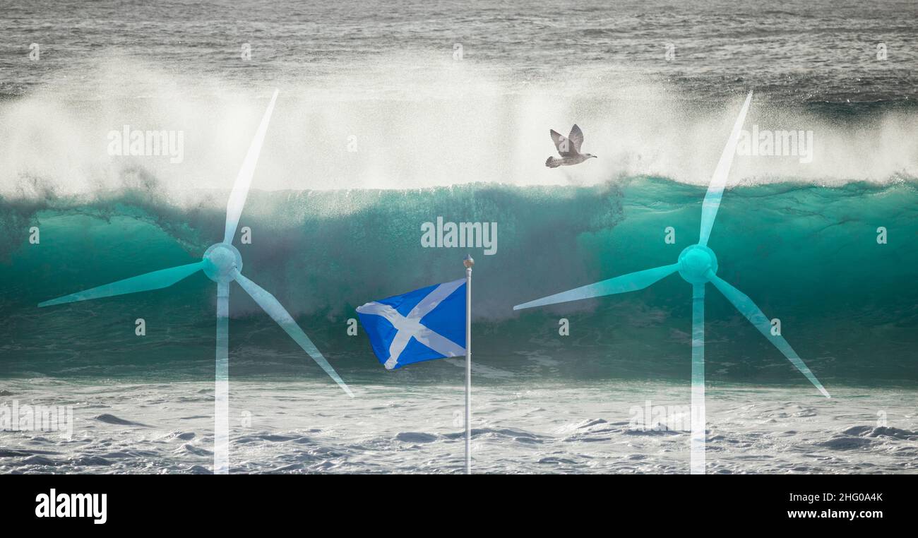 Éoliennes offshore, énergie propre, énergies renouvelables, changement climatique, prix de l'énergie,oiseaux et éoliennes...Concept écossais Banque D'Images