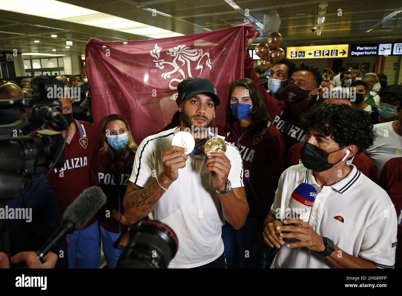 Cecilia Fabiano/ Lapresse 09 août 2021 Roma (Italie) News : Marcell Jacobs arrive de Tokyo à l'aéroport Fiumicino dans le pic : Marcell Jacobs Banque D'Images