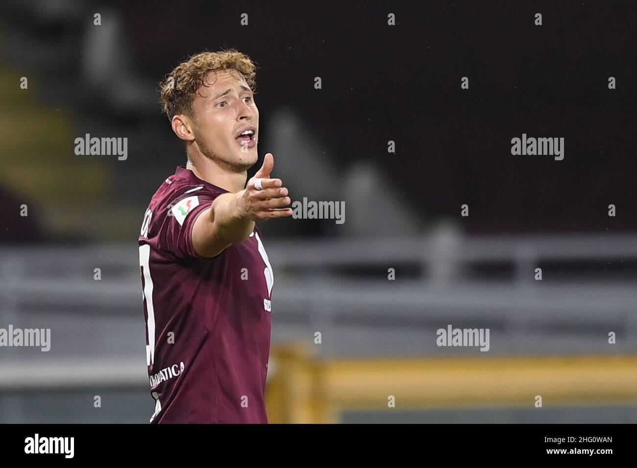 Lapresse - Fabio Ferrari 15 août 2021 Turin, Italie sport football EXCLUSIF TORINO FC Torino FC vs Cremonese - Italie TIM Cup 2021/2022 - Premier tour - stade "Olimpico Grande Torino".Dans le pic:Mergim Vojvoda (Torino FC); Banque D'Images