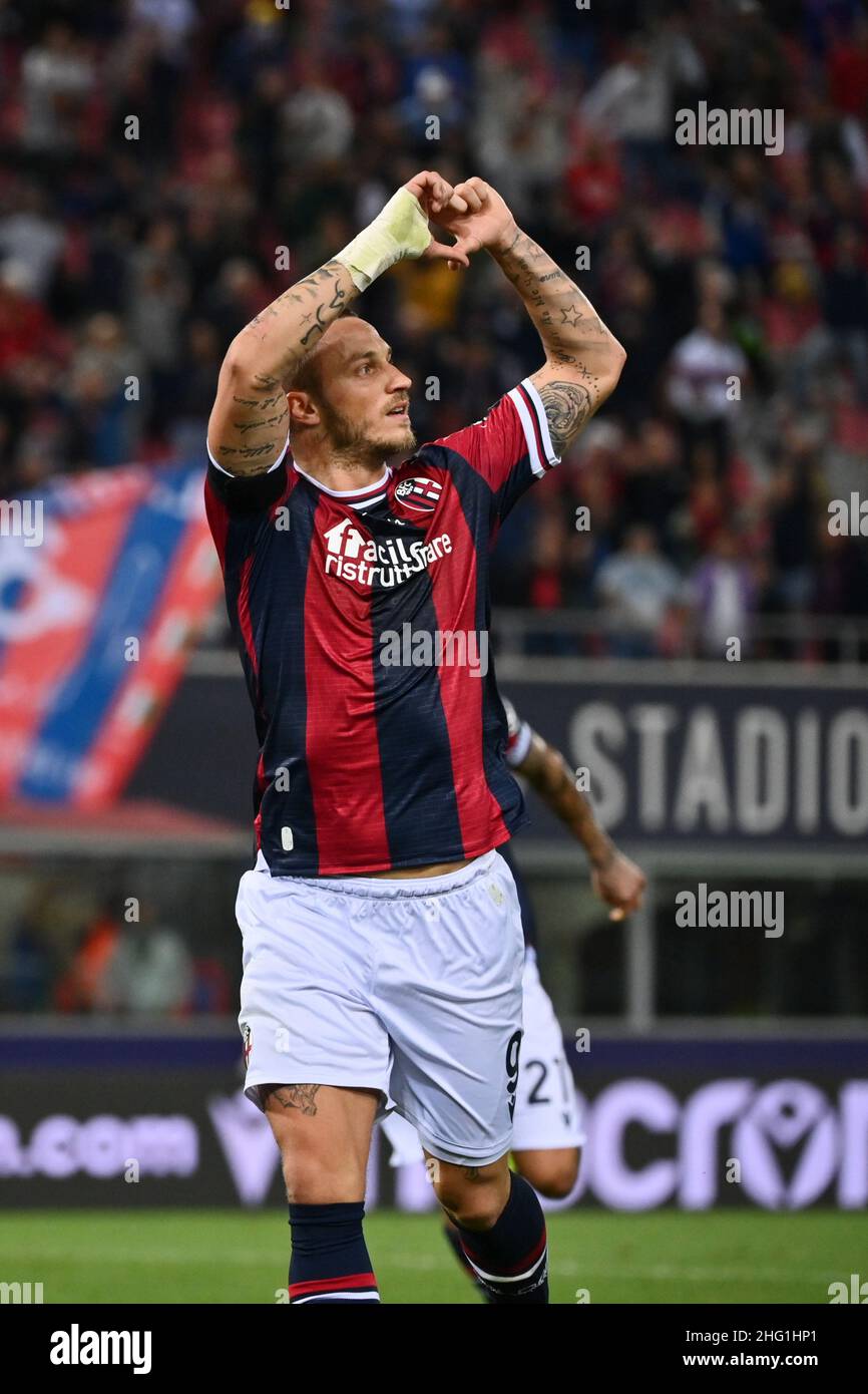 Massimo Paolone/Lapresse 21 septembre 2021 Bologna, Italie football Bologna vs Gênes - Ligue italienne de football A TIM 2021/2022 - Stade Renato Dall'Ara dans le pic: Marko Arnautovic (Bologna F.C.) célèbre après avoir obtenu le but 2-1 Banque D'Images