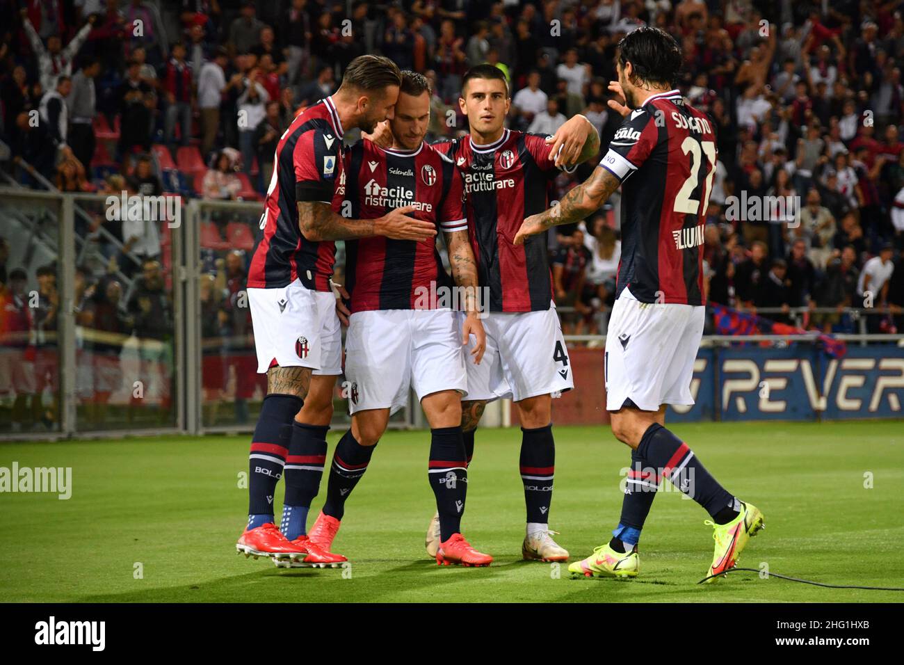 Massimo Paolone/Lapresse 21 septembre 2021 Bologna, Italie football Bologna vs Gênes - Ligue italienne de football A TIM 2021/2022 - Stade Renato Dall'Ara dans le pic: Marko Arnautovic (Bologna F.C.) célèbre après avoir obtenu le but 2-1 Banque D'Images