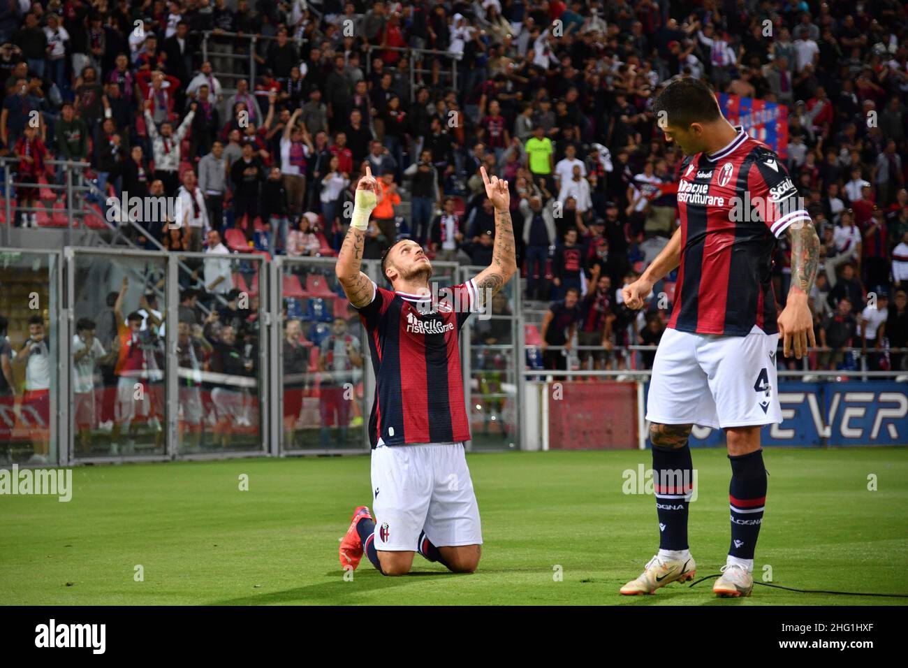 Massimo Paolone/Lapresse 21 septembre 2021 Bologna, Italie football Bologna vs Gênes - Ligue italienne de football A TIM 2021/2022 - Stade Renato Dall'Ara dans le pic: Marko Arnautovic (Bologna F.C.) célèbre après avoir obtenu le but 2-1 Banque D'Images