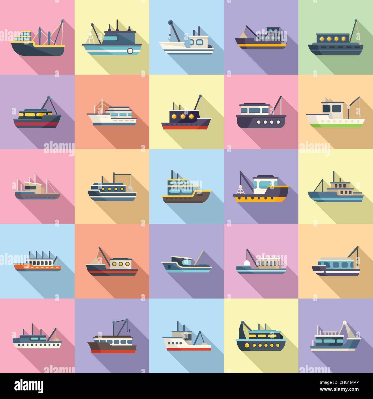 Les icônes de bateau de pêche définissent un vecteur plat.Cargo marin.Navire de mer Illustration de Vecteur