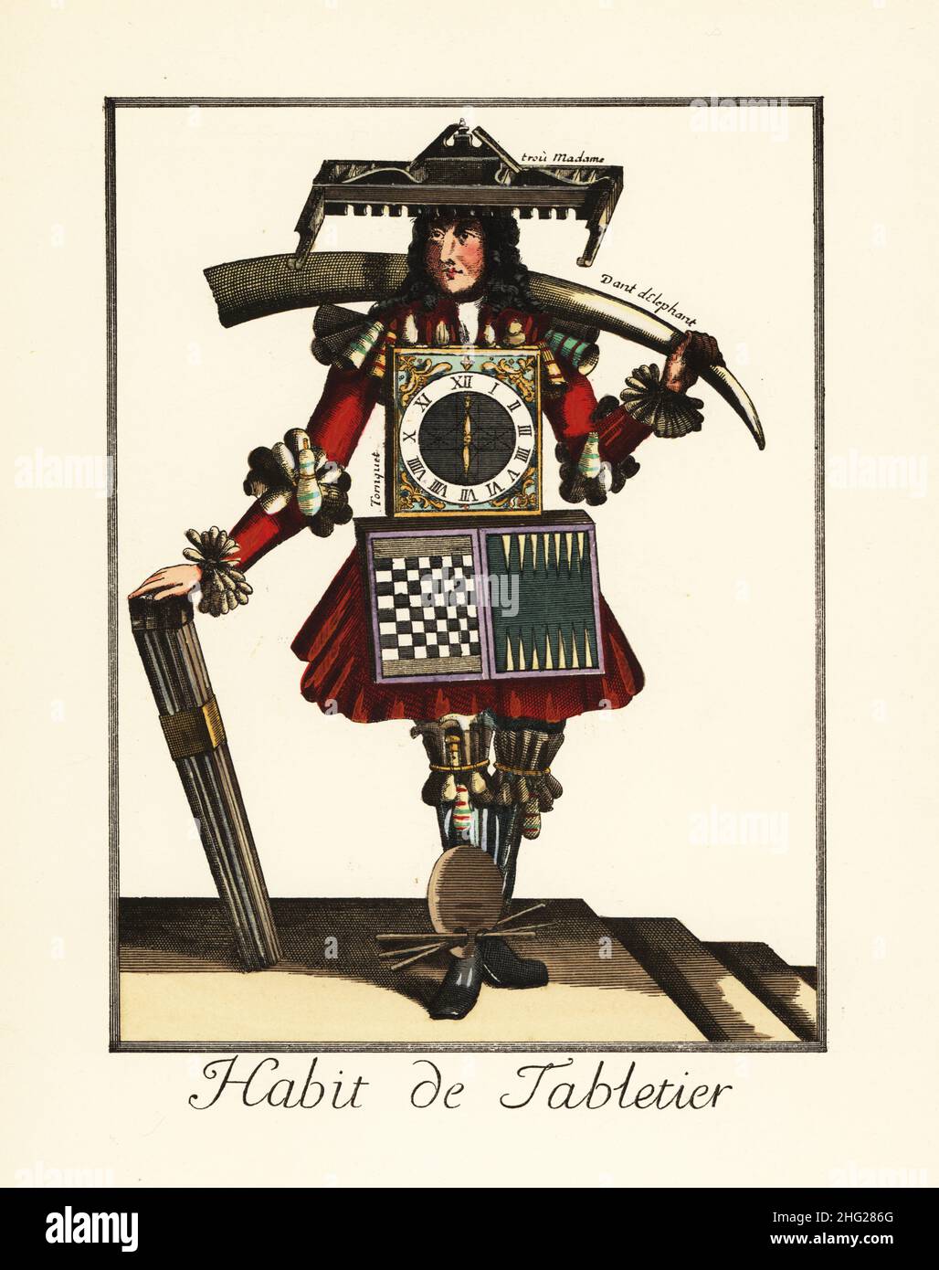 Costume d'un turner français d'ivoire avec éléphant tusk, bagatelle ou trou madame, horloge, chessboard, backgammon, chevalet,Habitude de Tabletier, de Nicolas de Larmessin habitudes des métiers et professions, 1700.Lithographie de couleur main de Henry Rene d’Allemagne’s recrécations et passe-temps, Jeux et passe-temps, Hachette, Paris, 1906. Banque D'Images