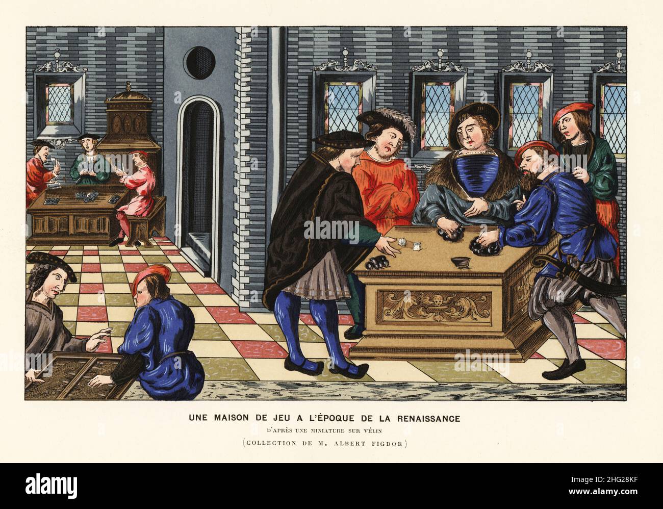 Messieurs français jouant des dés, du backgammon et des cartes dans une maison de jeu, à l'époque de la Renaissance.D'une miniature sur vélin dans la collection d'Albert Figdor.Une maison de jeu à l'époque de la Renaissance.Lithographie de couleur main de Henry Rene d’Allemagne’s recrécations et passe-temps, Jeux et passe-temps, Hachette, Paris, 1906. Banque D'Images