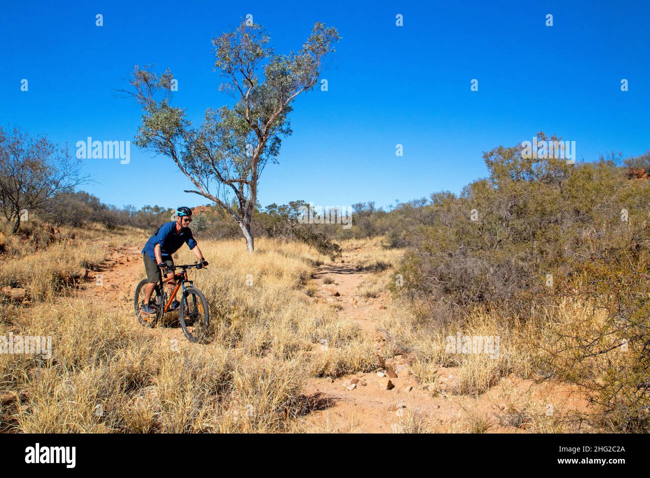 Vélo tout terrain sur la piste d'Apwelantye sur le réseau de pistes d'Alice Springs Banque D'Images