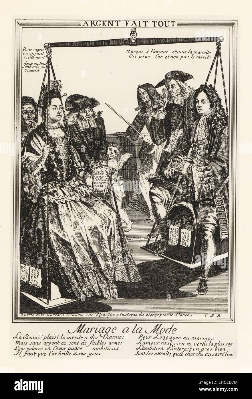 Un couple est assis dans un équilibre de poids public pour comparer leurs actifs avant le mariage.Les conseillers ajoutent des suppléments à la balance.Mode Mariage a la.Argent fait tout.D'un imprimé satirique de Nicolas Guerard, rue St Jacques a la Reine du Clerge, vers 1715.Lithographie de Henry Rene d’Allemagne’s recrécations et passe-temps, Jeux et passe-temps, Hachette, Paris, 1906. Banque D'Images