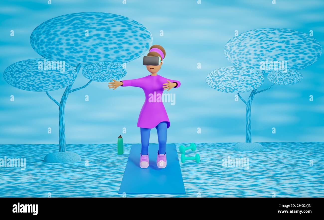 Femme portant un casque de réalité virtuelle s'exerçant dans le métaverse, illustration 3D Banque D'Images