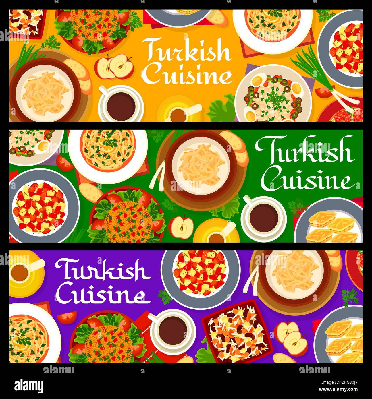 Repas de cuisine turque bannières avec des plats de dinde, le restaurant Vector dîner et le menu du déjeuner.Cuisine traditionnelle turque, pâtisserie, dessert sucré a Illustration de Vecteur