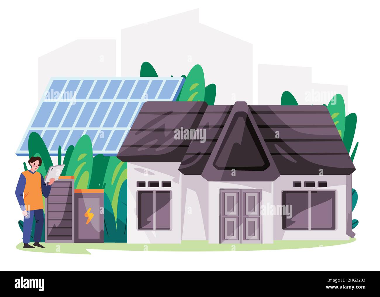 Maison maison avec panneau solaire stockage de batterie de l'électricité énergie de cellule énergie moderne réseau résidentiel bâtiment écologique durable Illustration de Vecteur