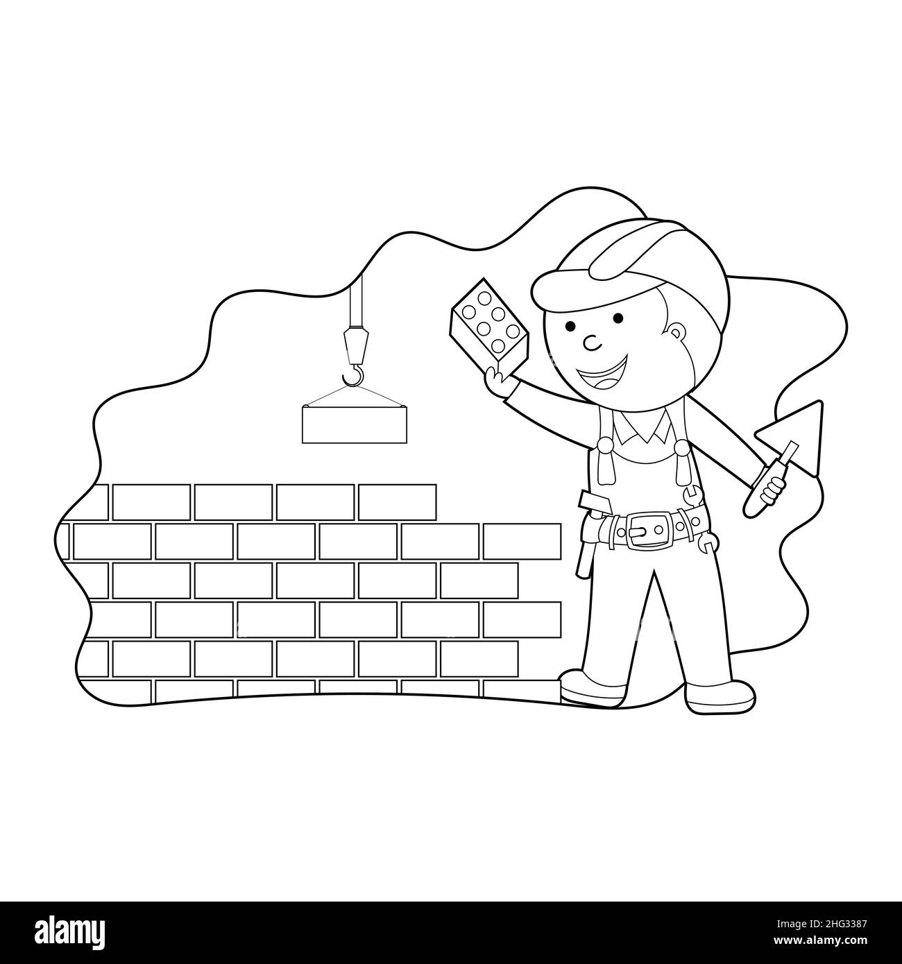 livre de coloriage. peindre un enfant mignon dans un casque, construire un mur de briques, un constructeur sur un chantier de construction, un vecteur Illustration de Vecteur