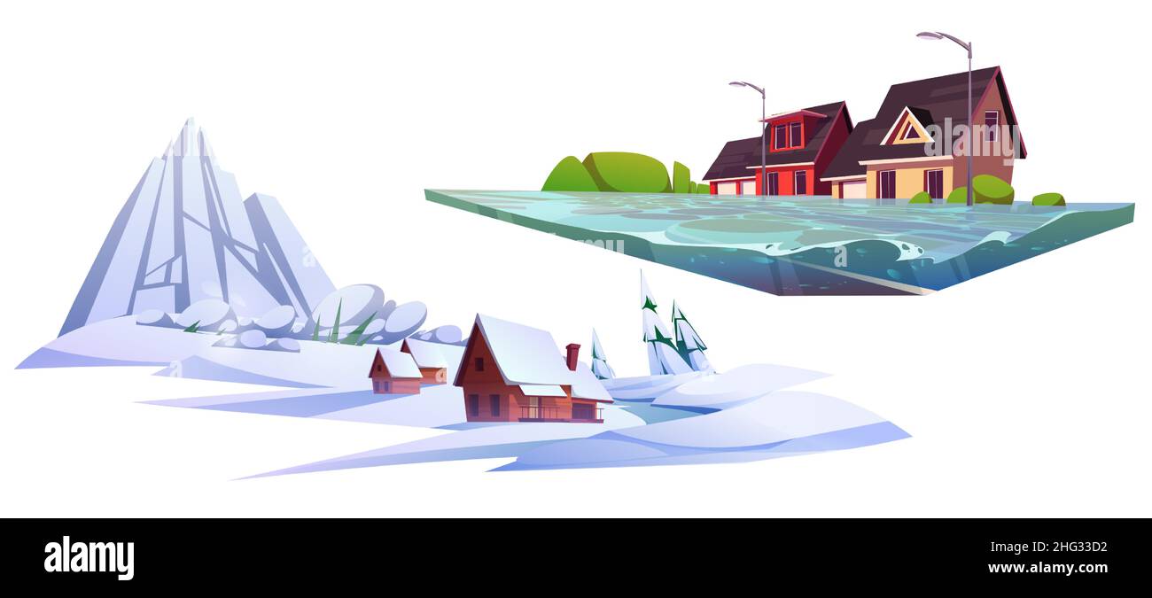Calamité, catastrophes naturelles inondation et avalanche de neige nature cataclysmes icônes avec maisons, écoulement d'eau ou toboggan de neige.Conséquences météorologiques extrêmes dans la station de montagne et la ville, dessin vectoriel de Cartoon Illustration de Vecteur