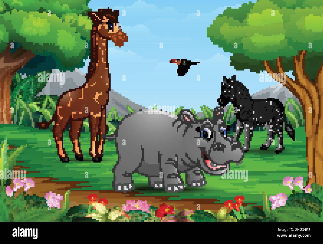 Des dessins animés d'animaux sauvages jouent dans la jungle Illustration de Vecteur