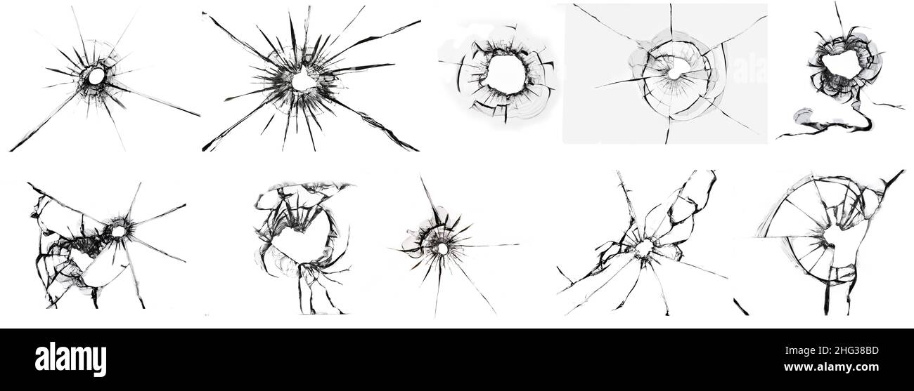 Textures de verre brisé.L'effet des fissures sur la vitre.Éléments à utiliser dans le design, un grand ensemble de photos dans une seule photo. Banque D'Images