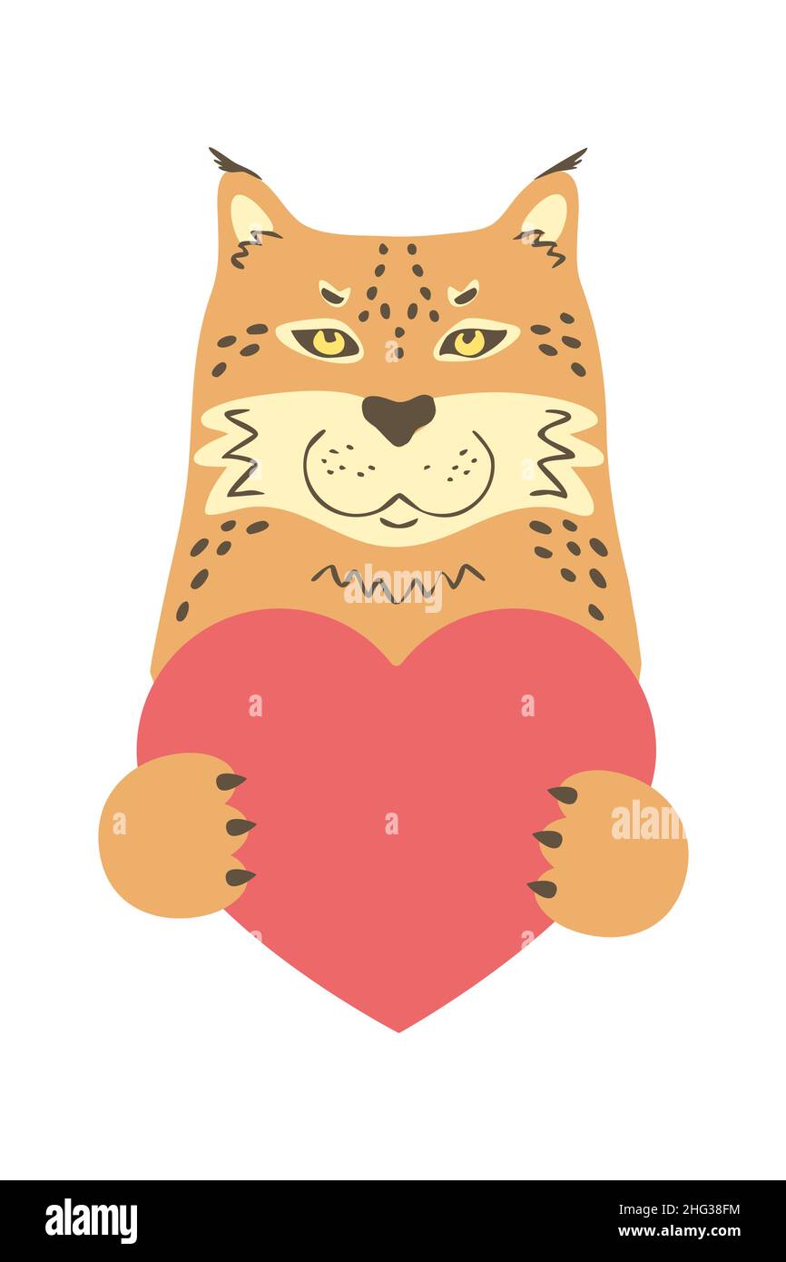 Mignon dessin animé puma lynx caracal chat tenant un coeur signe avec l'espace de copie. Set Saint Valentin carte de voeux bannière invitation brochure circulaire. Caricature h Illustration de Vecteur