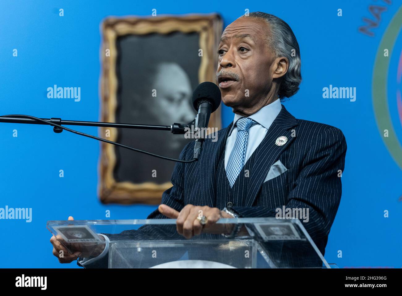 New York, NY - 17 janvier 2022 : le révérend Al Sharpton s'exprime lors du forum annuel de politique publique de la Journée Martin Luther King du National action Network, au siège du NAN Banque D'Images