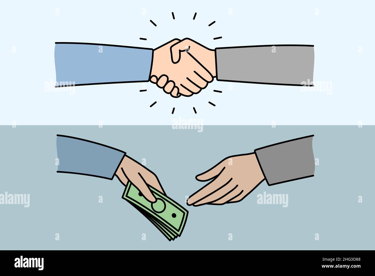 Concept de transaction commerciale et de pot-de-vin.Les mains des hommes d'affaires qui se secouent après un accord réussi et qui donnent un pot-de-vin en faisant une illustration vectorielle de la criminalité financière Illustration de Vecteur