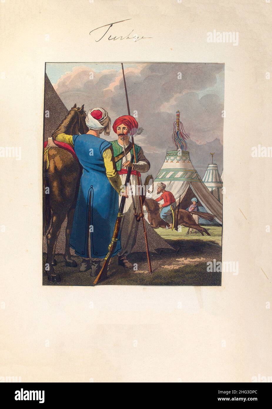 Lithographie de la cavalerie régulière turque: Kapıkulu Suvarileri Ocagı (littéralement la terre des cavalrymen des esclaves de la porte).1910 Banque D'Images