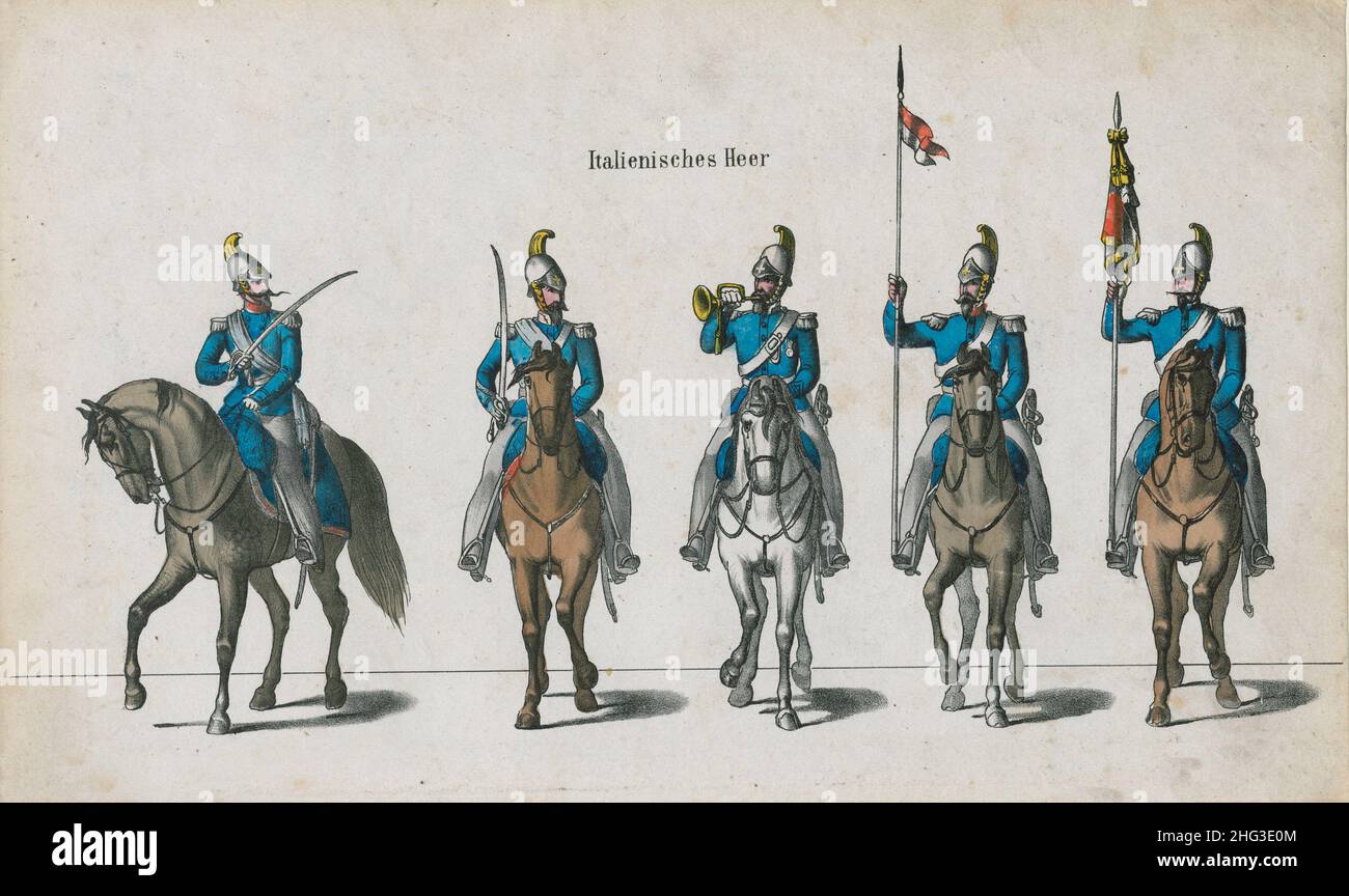 Lithographie d'époque: Armée italienne.1850 Cavalerie des gardes.Trompettiste, porte-drapeau de cavalerie Banque D'Images