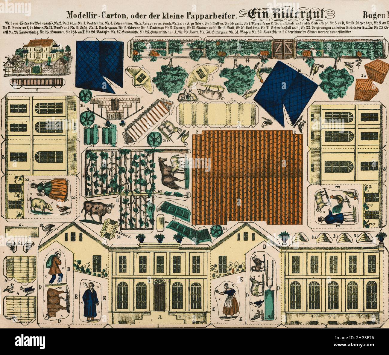 Illustrations vintage pour enfants pour le carton pour la coupe et la modélisation: Une propriété de campagne.1860 le domaine allemand de 19th siècle en carton Banque D'Images