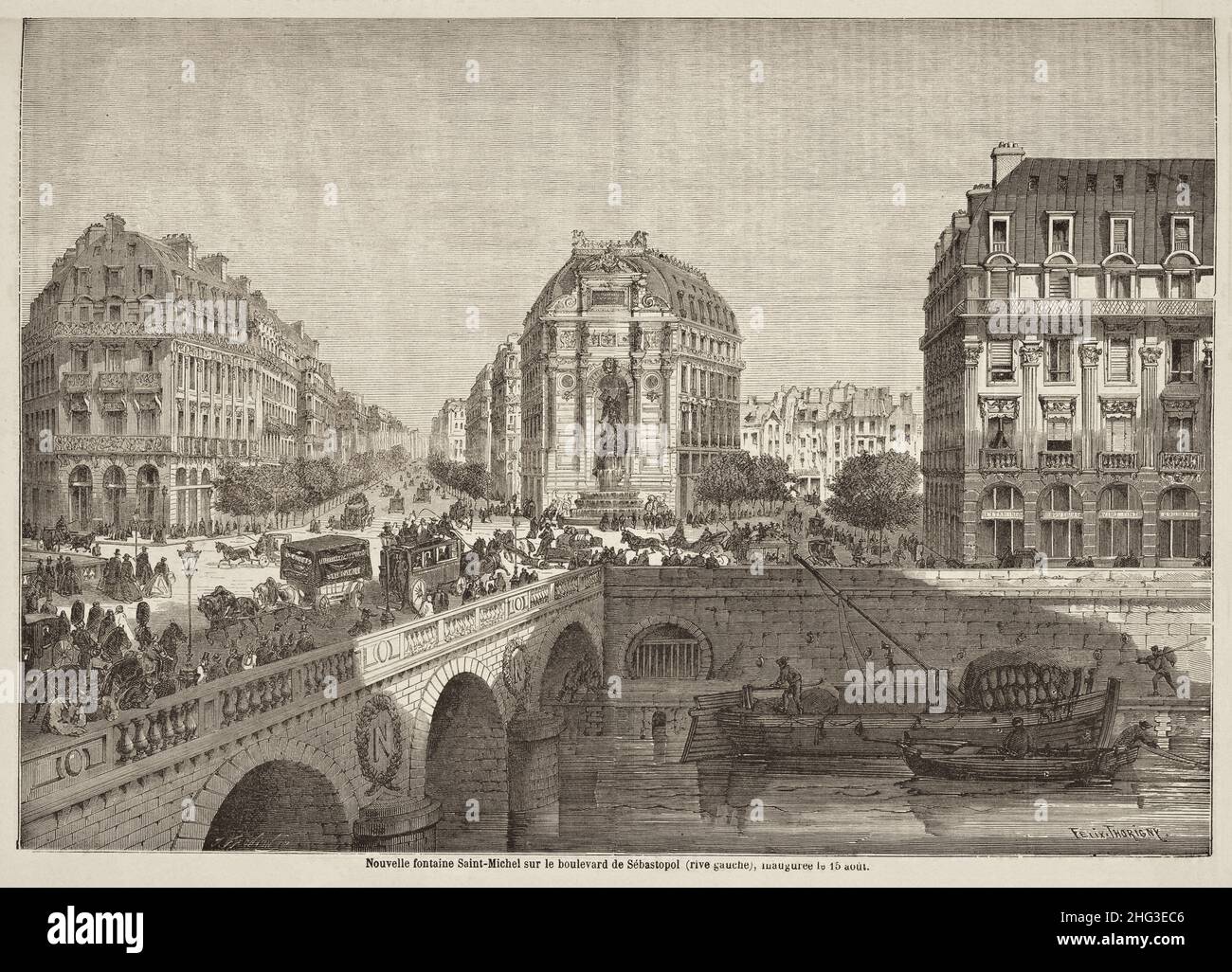 Gravure de la nouvelle fontaine Saint-Michel sur le boulevard Sébastopol (rive gauche), inaugurée le 15 août.1860. Paris, France Banque D'Images