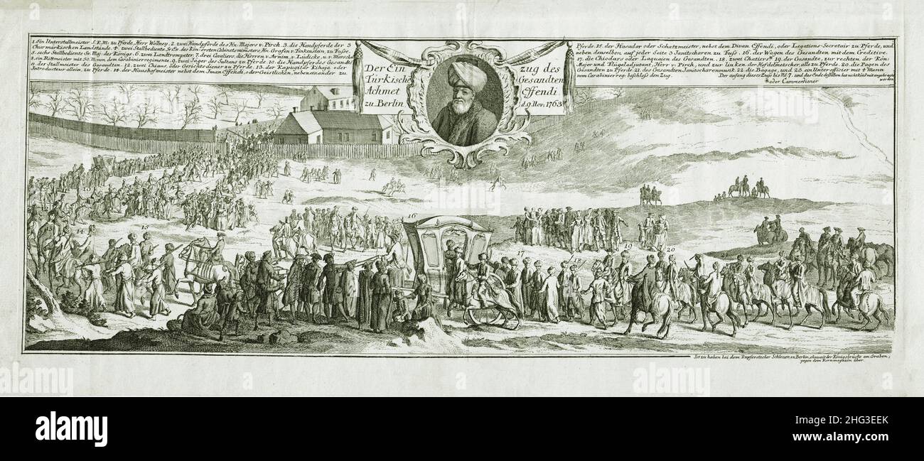 Gravure de l'arrivée de l'ambassadeur turc Achmet Effendi à Berlin le 9 novembre 1763 Banque D'Images