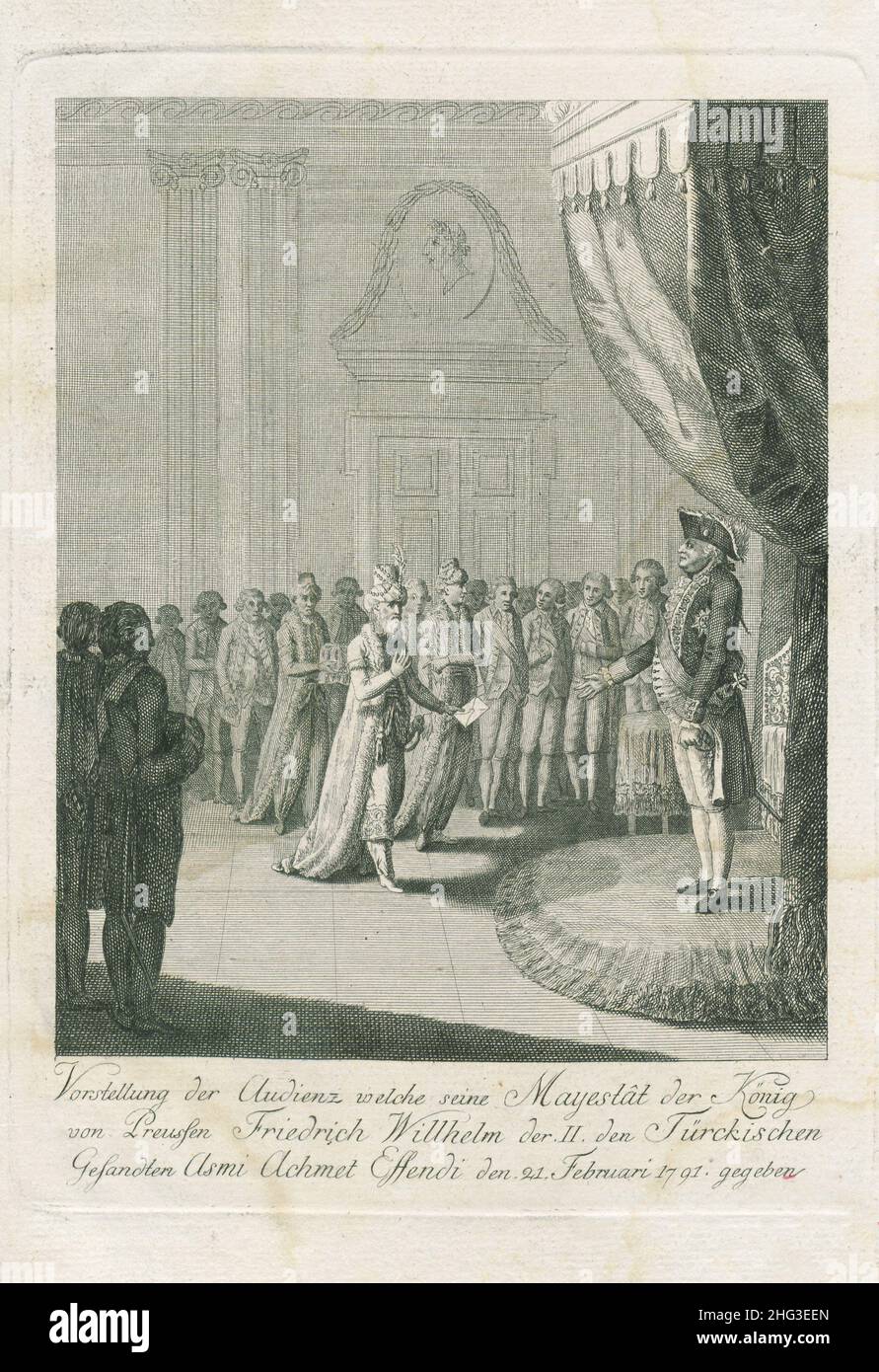 Gravure de la présentation du public que le roi de Prusse, Friedrich Wilhelm II, a donné à l'envoyé turc ASMI Achmet Effendi le 2 février Banque D'Images
