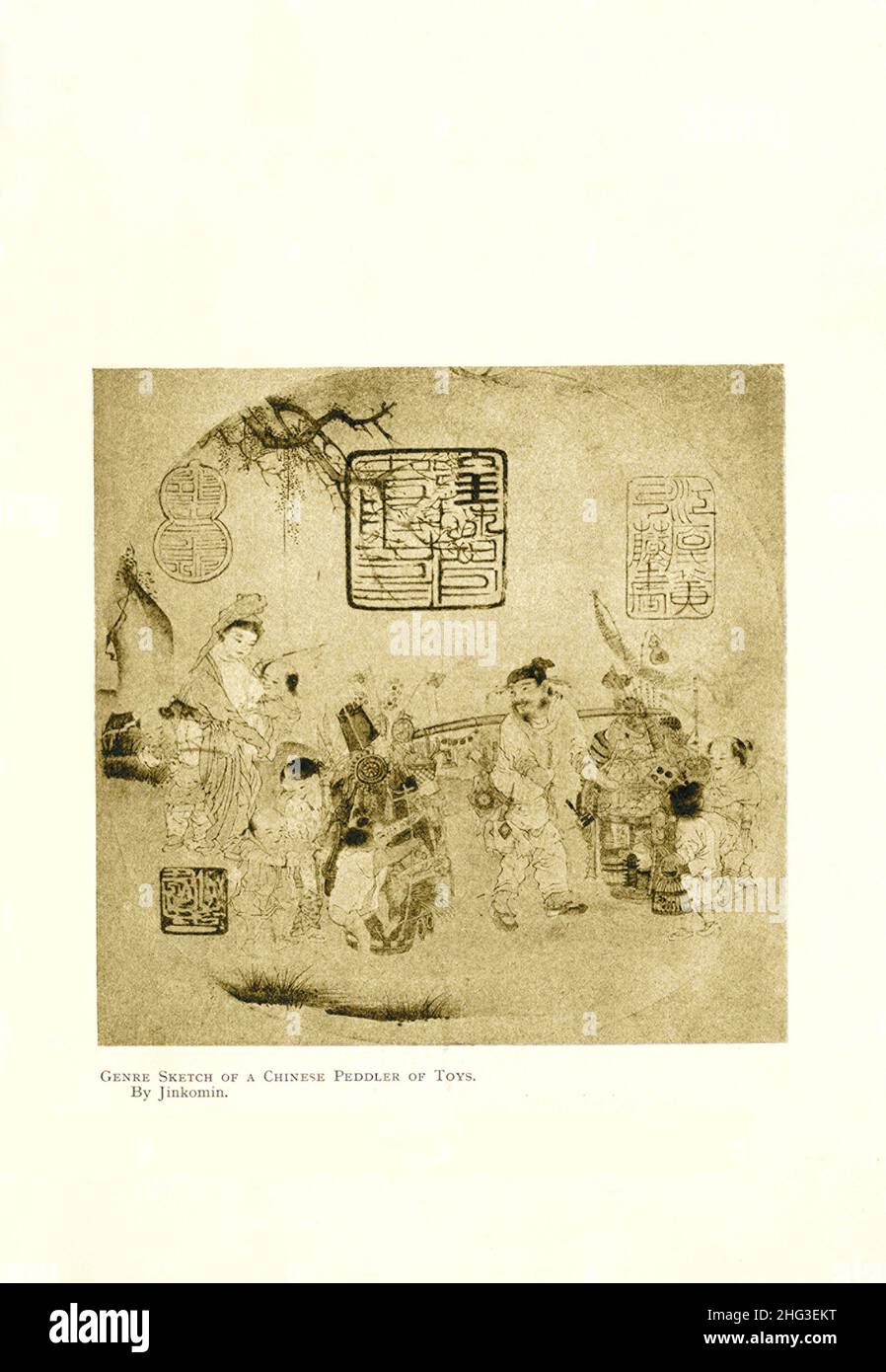 Croquis de genre d'un Peddler chinois de jouets.Par Jinkomin.Reproduction de l'illustration du livre 1912 Banque D'Images