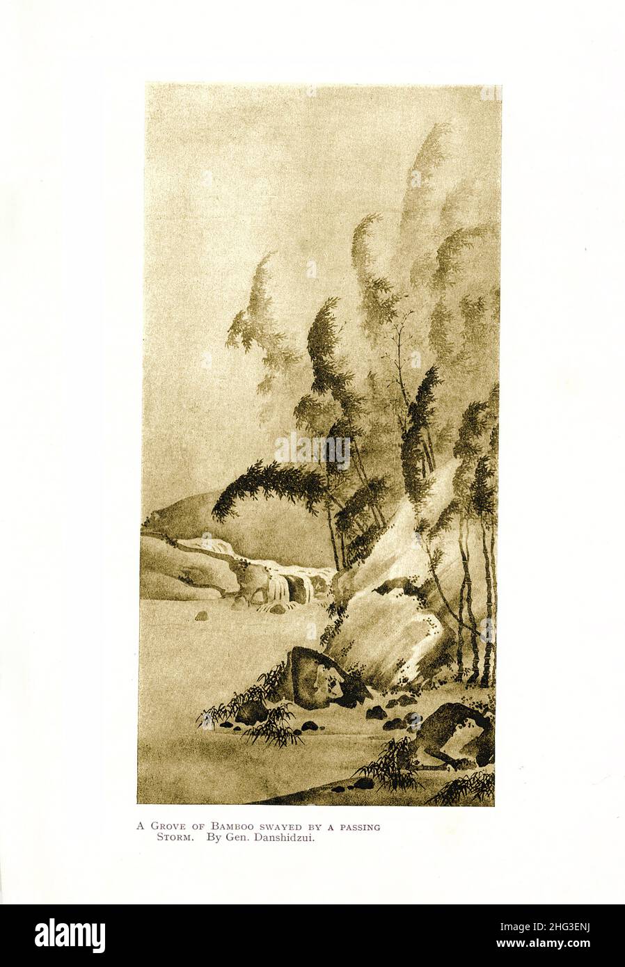 Peinture médiévale chinoise : une bosquet de bambou submergé par Une tempête de passage.Par le général Danshidzui.Reproduction de l'illustration du livre 1912 Banque D'Images