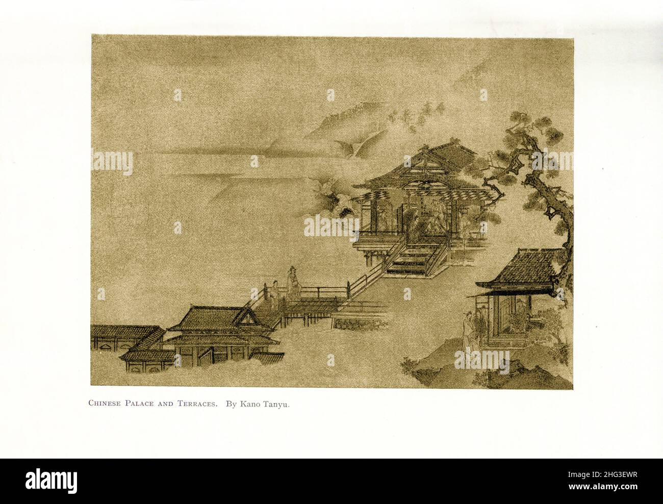 Peinture japonaise: Palais chinois et terrasses.Par Kano Tanyu.La reproduction de l'illustration du livre de 1912 Kanō Tan'yū (1602 – 1674) est l'une des avant-propos Banque D'Images