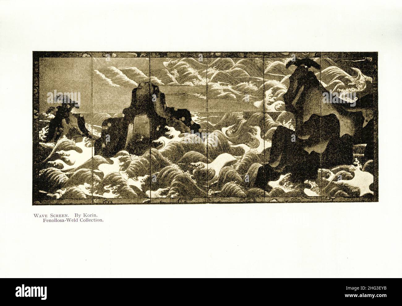 Peinture japonaise : écran à vagues.Par Korin.Reproduction de l'illustration du livre de 1912 Ogata Kōrin (1658 – 1716) était un illustrateur de paysage japonais, la Banque D'Images