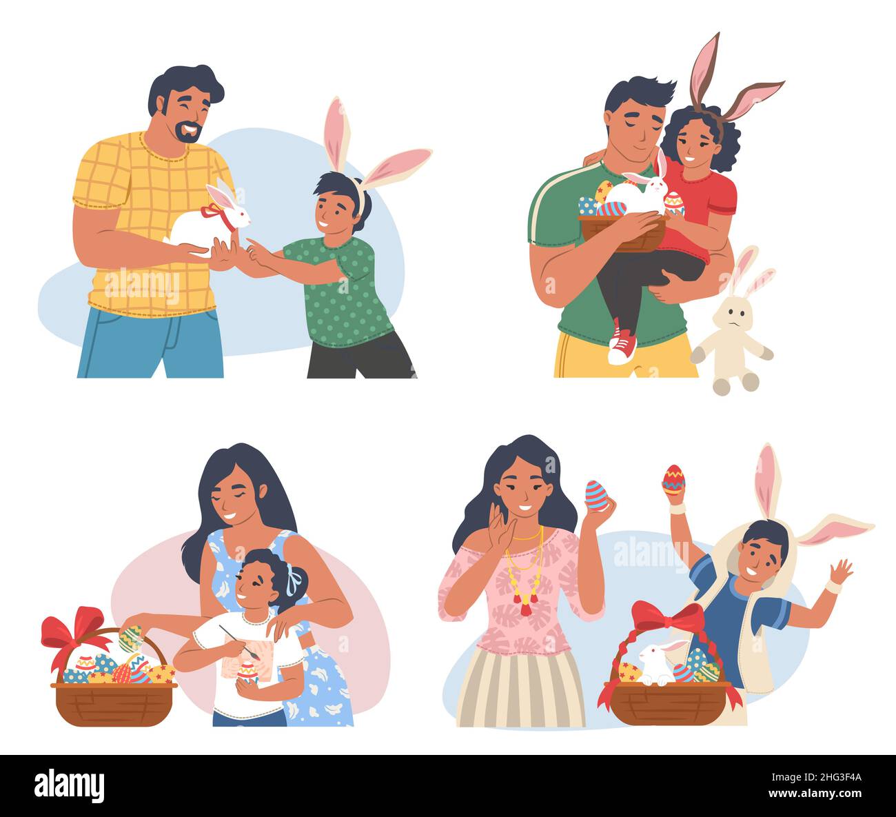 Décor de fête de Pâques en famille, illustration vectorielle. Vacances de printemps avec lapin, œufs décorés, gâteau, panier Illustration de Vecteur