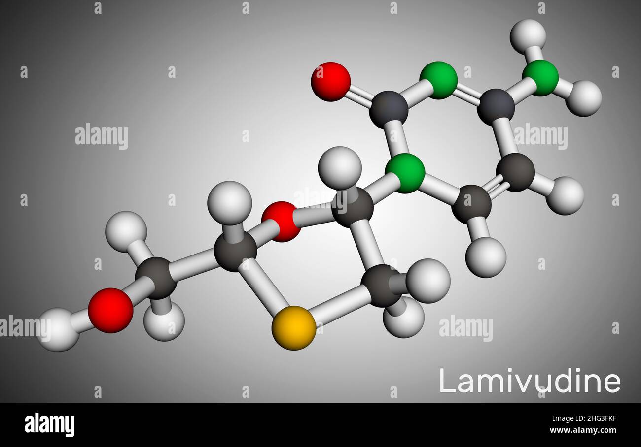 Lamivudine, molécule 3TC.Il est utilisé pour traiter les infections à VIH et à l'hépatite B (VHB) par le virus de l'immunodéficience humaine.Modèle moléculaire.3D rendu.ILLUST Banque D'Images