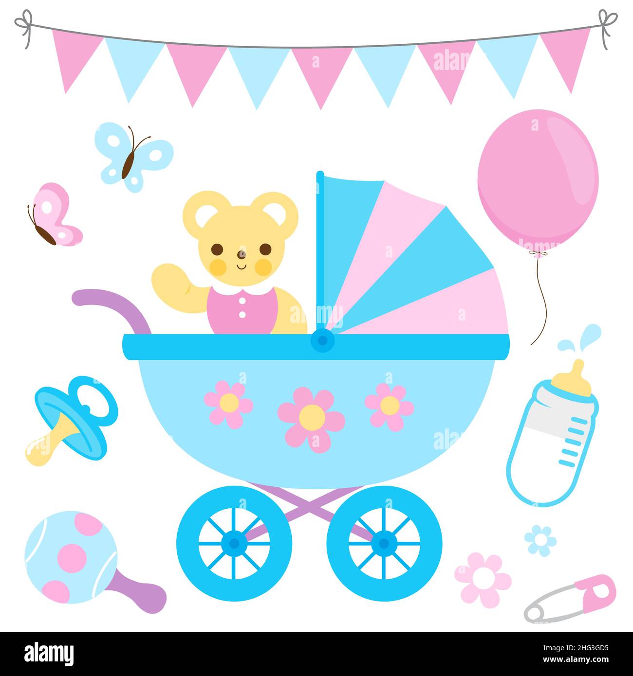 Poussette bébé fille et bébé garçon, ours en peluche mignon et accessoires. Fête de fête de douche de bébé. Banque D'Images